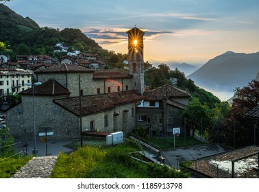 Village Of Brè. Switzerland, May 12, 2018. Beautiful View Of Sunrise From Monte Brè Mountain.