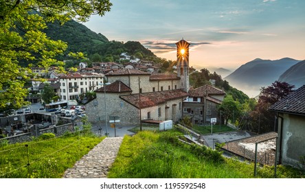 Village Of Brè. Switzerland, May 12, 2018. Beautiful View Of Sunrise From Monte Brè Mountain.