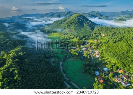 The village in the valley along MeKong River border of ThaiLand-Laos, Nong Khai province, Thailand.