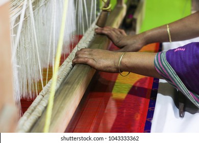 Village Women Busy Weaving Silk Saree On Handloom 