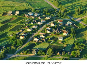 Village Wooden House. Country Houses In Countryside, Aerial View. Rural Building And Farmhouse In Countryside. Сountry House. Suburban House In Rural. Roofs Of Village Home. Agricultural Development.