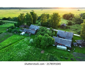 Village Wooden House. Country Houses In Countryside, Aerial View. Rural Building And Farmhouse In Countryside. Сountry House. Suburban House In Rural. Roofs Of Village Home. Agricultural Development.