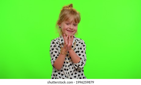 Villain Idea. Sneaky Playful Blonde Child Girl Conspiring Scheming, Thinking Over Tricky Plan With Cunning Expression, Pondering Revenge Or Evil Joke Prank. Teen Kid Children On Chroma Keybackground