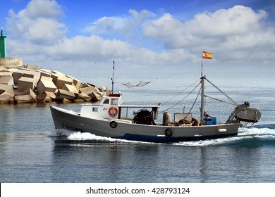 VILLAJOYOSA, SPAIN - MAY 14: Trawler Fishing Boat Entering In The Port Of La Vila For Sale His Captures, On May 14, 2016 In Alicante.