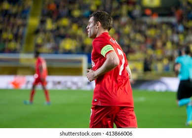 VILLARREAL, SPAIN - 28 APR: James Milner plays at the Europa League semifinal match between Villarreal CF and Liverpool FC at the El Madrigal Stadium on April 28, 2016 in Villarreal, Spain.