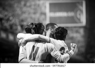 VILLARREAL, SPAIN - FEBRUARY 26: Madrid Players Celebrate A Goal During La Liga Match Between Villarreal CF And Real Madrid At Estadio De La Ceramica On February 26, 2017 In Villarreal, Spain