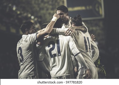 VILLARREAL, SPAIN - FEBRUARY 26: Madrid Players Celebrate A Goal During La Liga Match Between Villarreal CF And Real Madrid At Estadio De La Ceramica On February 26, 2017 In Villarreal, Spain