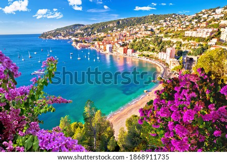 Villefranche sur Mer idyllic French riviera town aerial bay view, Alpes-Maritimes region of France