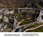 Villers-la-Ville Abbey ruins and the adjacent garden, in Belgium - Aerial view