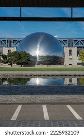 Villette Canal. View of La Geode and building of the Science and Industry museum