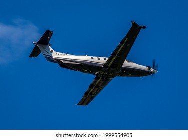 VILNIUS AIRPORT, LITHUANIA - JUNE 6, 2021: Pilatus PC-12 NGX T7-SAY. The Pilatus PC-12 is a single-engine turboprop passenger and cargo aircraft 