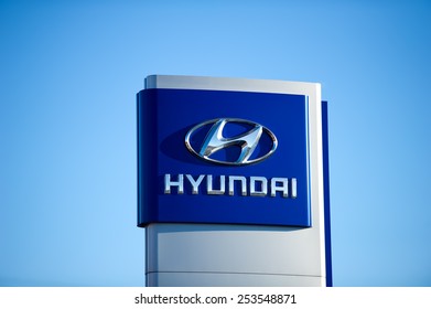 VILNIUS - FEB 17: Hyundai dealership logo on Feb. 17, 2015, Vilnius, Lithuania. The Hyundai Motor Company is a South Korean multinational automotive manufacturer headquartered in Seoul, South Korea.