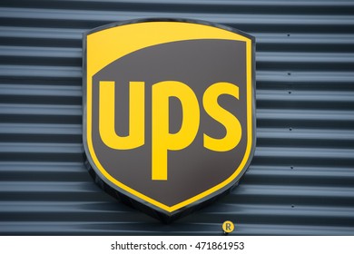 VILNIUS - JULY 30: UPS Sign On July 30, 2016 In Vilnius, Lithuania. United Parcel Service, Inc. UPS Is The World's Largest Package Delivery Company And A Provider Of Supply Chain Management Solutions.