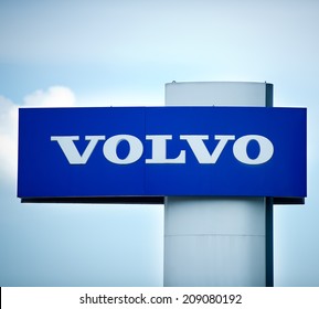 VILNIUS - JULY 6: Volvo dealership logo on July 6, 2014 in Vilnius, Lithuania. Volvo is a Swedish multinational manufacturing company. Volvo is a provider of trucks, buses, and construction equipment.