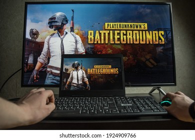 Vilnius, Lithuaia - February 25, 2021: PC gaming. Playing PlayerUnknown's Battlegrounds video game on computer. PUBG