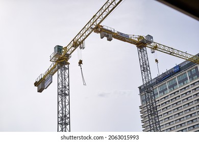 Vilnius, Lithuania - 05 01 2021: Construction Site With Cranes Near Radisson Blue Hotel. 