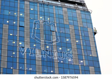 Vilnius, Lithuania - 19 11 2019: Modern Vilnius Municipality Building Top Corner On White Sky Background