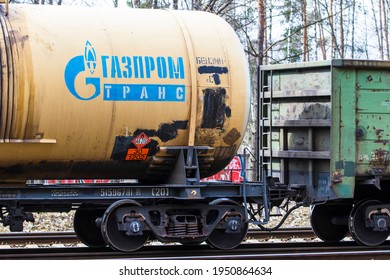 Vilnius Lithuania 2021-04-06 
These Are Railway Cars Of Largest Gas Producer And Supplier. Logo Of Gazprom Group Of Companies On Railway Tank.