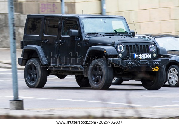 Vilnius Lithuania 2021-05-15 The Jeep Wrangler JL\
is the fourth generation of the Wrangler off-road vehicle,\
available in two- and four-door\
bodies.
