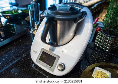 Vilnius Lithuania 2022-07-18
Thermomix Vorewerk Digital Automatic Food Processor Machine Close Up Brand Name And Logo