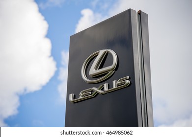 VILNIUS, LITHUANIA - AUGUST 7, 2016: Lexus logo. Lexus is the luxury vehicle division of Japanese automaker Toyota. The Lexus marque is marketed in over 70 countries and territories worldwide.