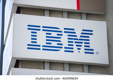 VILNIUS, LITHUANIA - AUGUST 7, 2016: IBM Logo On The IBM Client Centre Building. IBM Is An American Multinational Technology And Consulting Corporation. IBM Has 12 Research Laboratories Worldwide.