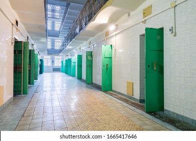 VILNIUS, LITHUANIA - DECEMBER 10, 2019: Open Doors of Closed Jail in Lithuania, Vilnius. The Oldest Prison in Lithuania and East of Europe Lukiskes. Interior with walls.