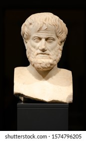 Vilnius, Lithuania - February 16 2019: Philosophy. Aristotle. Beautiful white marble bust of the great philosopher Aristotle from Athens 