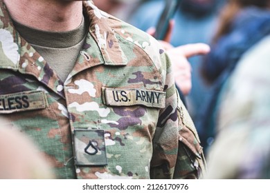 Vilnius, Lithuania - February 16 2022: United States Marine Corps, USA Or US Army Symbol On A Soldier Military Uniform