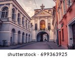 Vilnius, Lithuania: the Gate of Dawn, Lithuanian Ausros, Medininku vartai, Polish Ostra Brama, a city gate of Vilnius, one of its most important historical, cultural and religious monuments in sunrise