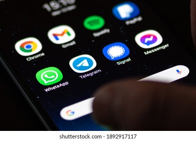 Vilnius, Lithuania - January 13 2021: Telegram App, Displayed On The Screen Of A Smartphone With WhatsApp, Signal And Messenger 