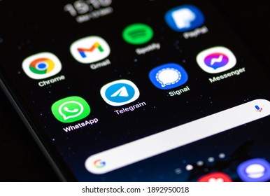 Vilnius, Lithuania - January 13 2021: Telegram App, Displayed On The Screen Of A Smartphone With WhatsApp, Signal And Messenger 