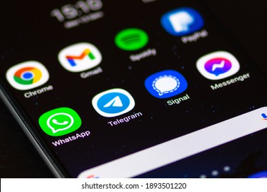 Vilnius, Lithuania - January 14 2021: Telegram App, Displayed On The Screen Of A Smartphone With WhatsApp, Signal And Messenger 