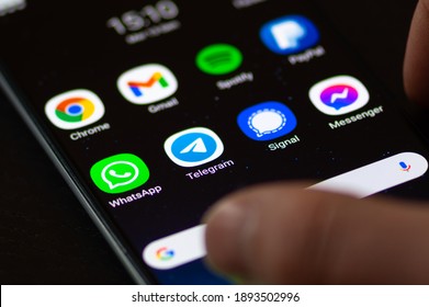 Vilnius, Lithuania - January 14 2021: Telegram App, Displayed On The Screen Of A Smartphone With WhatsApp, Signal And Messenger 