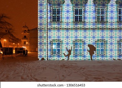 Vilnius / Lithuania - Januray 25 2019: OCUBO Interactive Light Installation On Radvilai Palace Facade During Vilnius Light Festival 2019