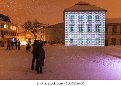 Vilnius / Lithuania - Januray 25 2019: OCUBO Interactive Light Installation On Radvilai Palace Facade During Vilnius Light Festival 2019