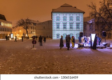 Vilnius / Lithuania - Januray 25 2019: OCUBO Interactive Light Installation On Radvilai Palace Facade During Vilnius Light Festival 2019