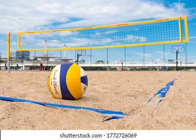 Vilnius, Lithuania - July 3 2020: Beach volley, ball on the sand and net on background