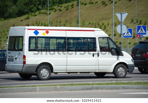 VILNIUS, LITHUANIA - JULY 6, 2017: Ford\
Transit van (third generation) . The Ford Transit is a range of\
light commercial vehicles produced by Ford since\
1965.