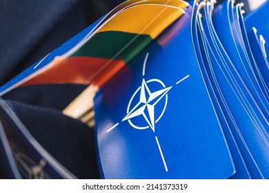 Vilnius, Lithuania - March 29 2022: Flags And Symbols Of NATO Alliance, Force Integration Unit And Flag Of Lithuania, Baltic States, Europe