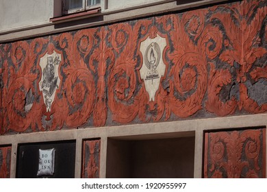 Vilnius, Lithuania - May 14, 2017: Detail Of Sgraffito Decoration On The Building Of A Former Antique Bookstore. Text In Lithuanian: Antique Bookstore.