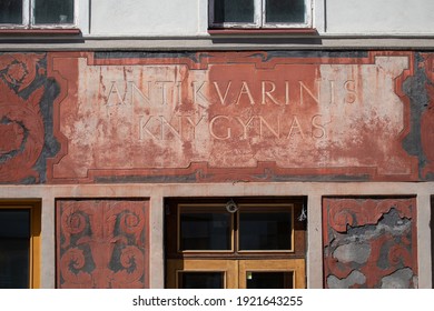 Vilnius, Lithuania - May 14, 2017: Detail Of Sgraffito Decoration On The Building Of A Former Antique Bookstore. Text In Lithuanian: Antique Bookstore. 