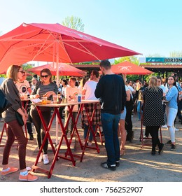 Vilnius, Lithuania - May 19, 2017: Young People Drinking Beer In Open Kitchen Food Festival In Vilnius, Lithuania.