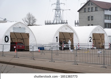 Vilnius, Lithuania - November 10 2020: Many Mobile Testing Station White Tents, Hot Spot For Swab Test During Coronavirus Or COVID19 Outbreak