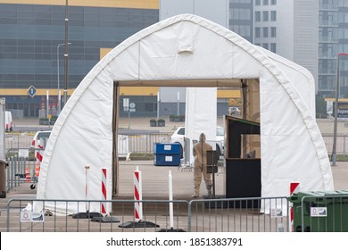 Vilnius, Lithuania - November 10 2020: Mobile Testing Station White Tents, Hot Spot For Swab Test During Coronavirus Or COVID19 Outbreak With Paramedic Or Doctor