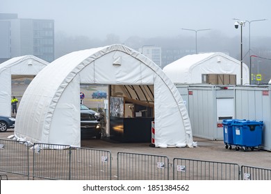 Vilnius, Lithuania - November 10 2020: Mobile Testing Station Tents, Hot Spot For Swab Test During Coronavirus Or COVID19 Outbreak With Paramedic And Car