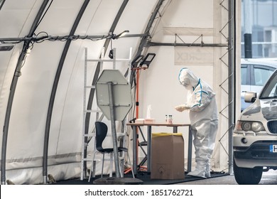 Vilnius, Lithuania - November 10 2020: Mobile Testing Station Tent, Hot Spot For Swab Test During Coronavirus Or COVID19 Outbreak With Paramedic And Car