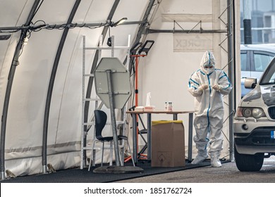 Vilnius, Lithuania - November 10 2020: Mobile Testing Station Tent, Hot Spot For Swab Test During Coronavirus Or COVID19 Outbreak With Paramedic And Car