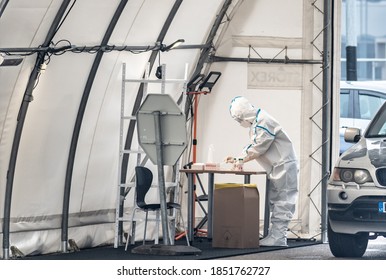 Vilnius, Lithuania - November 10 2020: Mobile Testing Station Tent, Hot Spot For Swab Test During Coronavirus Or COVID19 Outbreak With Paramedic And Car