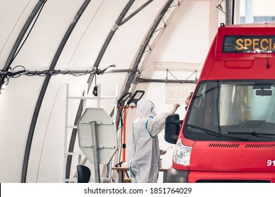 Vilnius, Lithuania - November 10 2020: Mobile Testing Station Tent, Hot Spot For Swab Test During Coronavirus Or COVID19 Outbreak With Paramedic And Special Bus